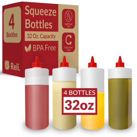 Reli 32oz squeeze bottle with clear body and red twist cap for precise sauce dispensing.