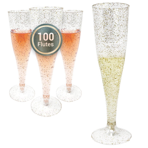 Reli Champagne Flutes Plastic with gold glitter, 4.5 oz, ideal for weddings and toasts.