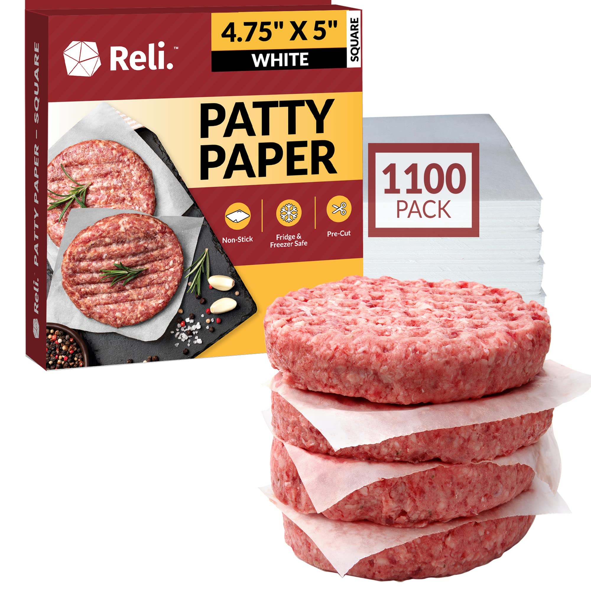 Reli hamburger patty paper 1100-pack box; bulk prep convenience for batch burgers.
