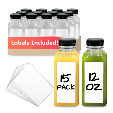 Reli 12oz square juice bottle with cap and label for easy on-the-go drinks