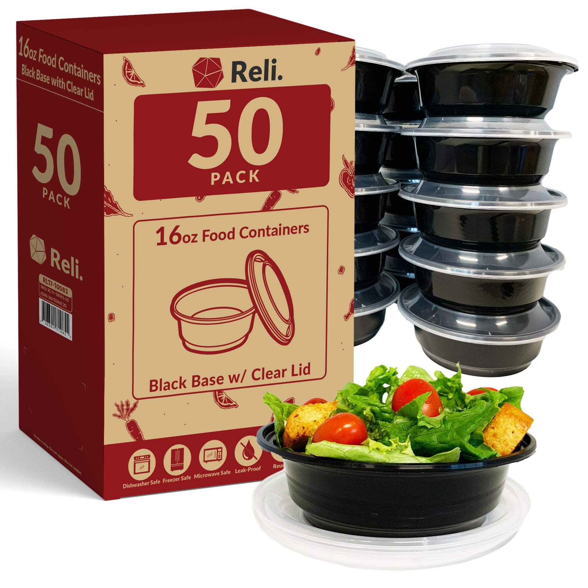 Reli Meal Prep Bowls 50-pack in 16oz for portion control and leftovers