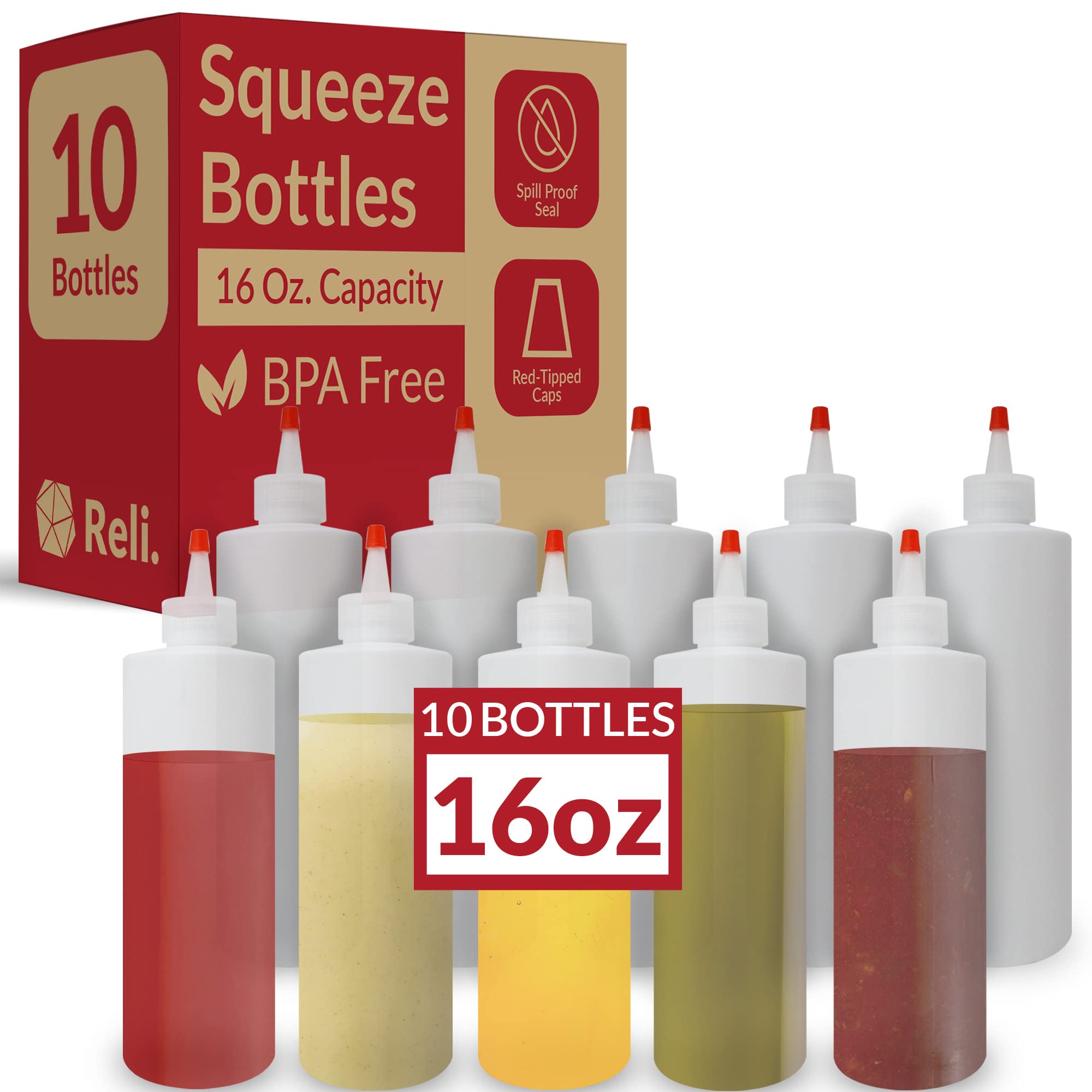 Reli 16 oz squeeze bottle with clear body and red tip cap for precise dispensing.