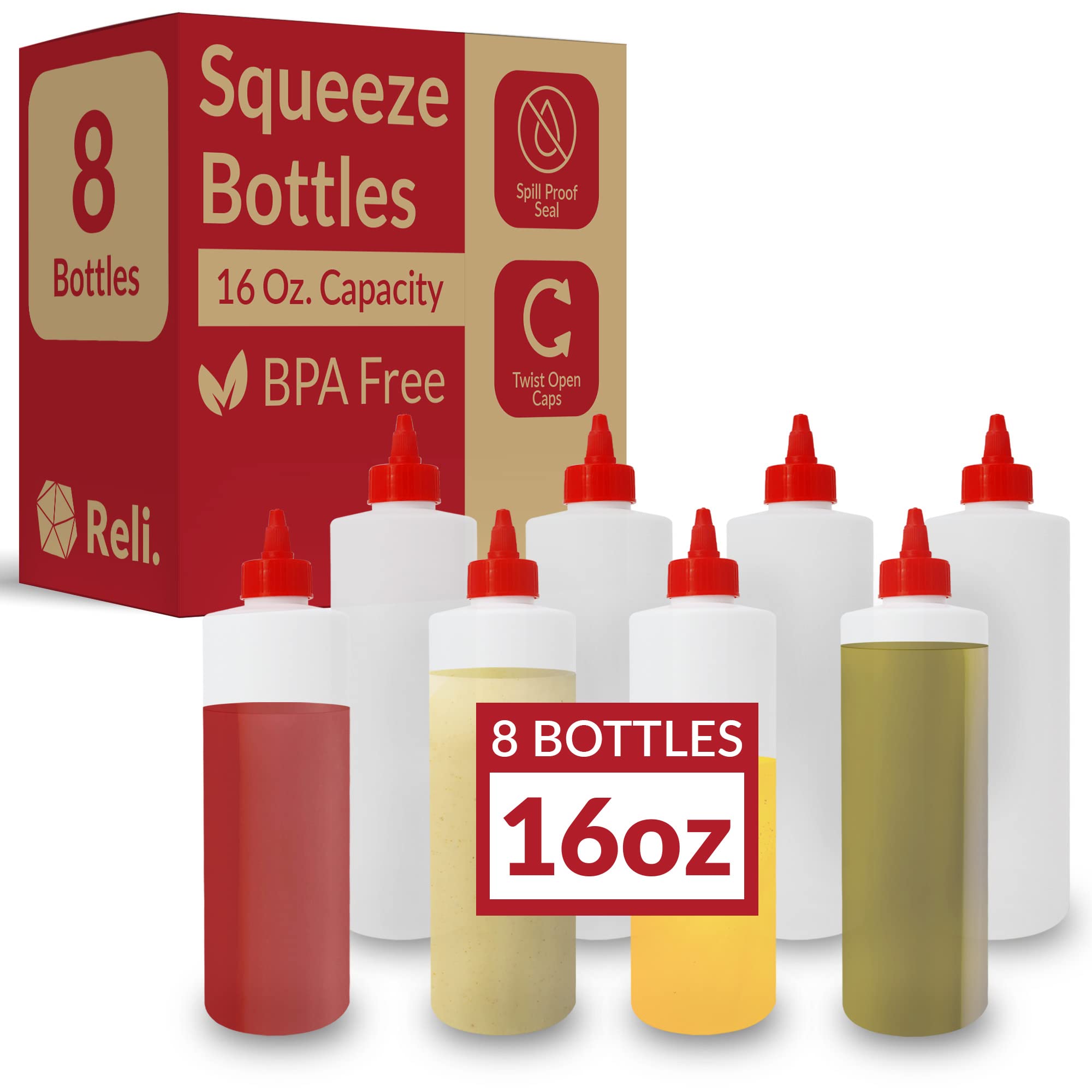 Reli clear 16oz squeeze bottles in an 8-pack for sauces and condiments