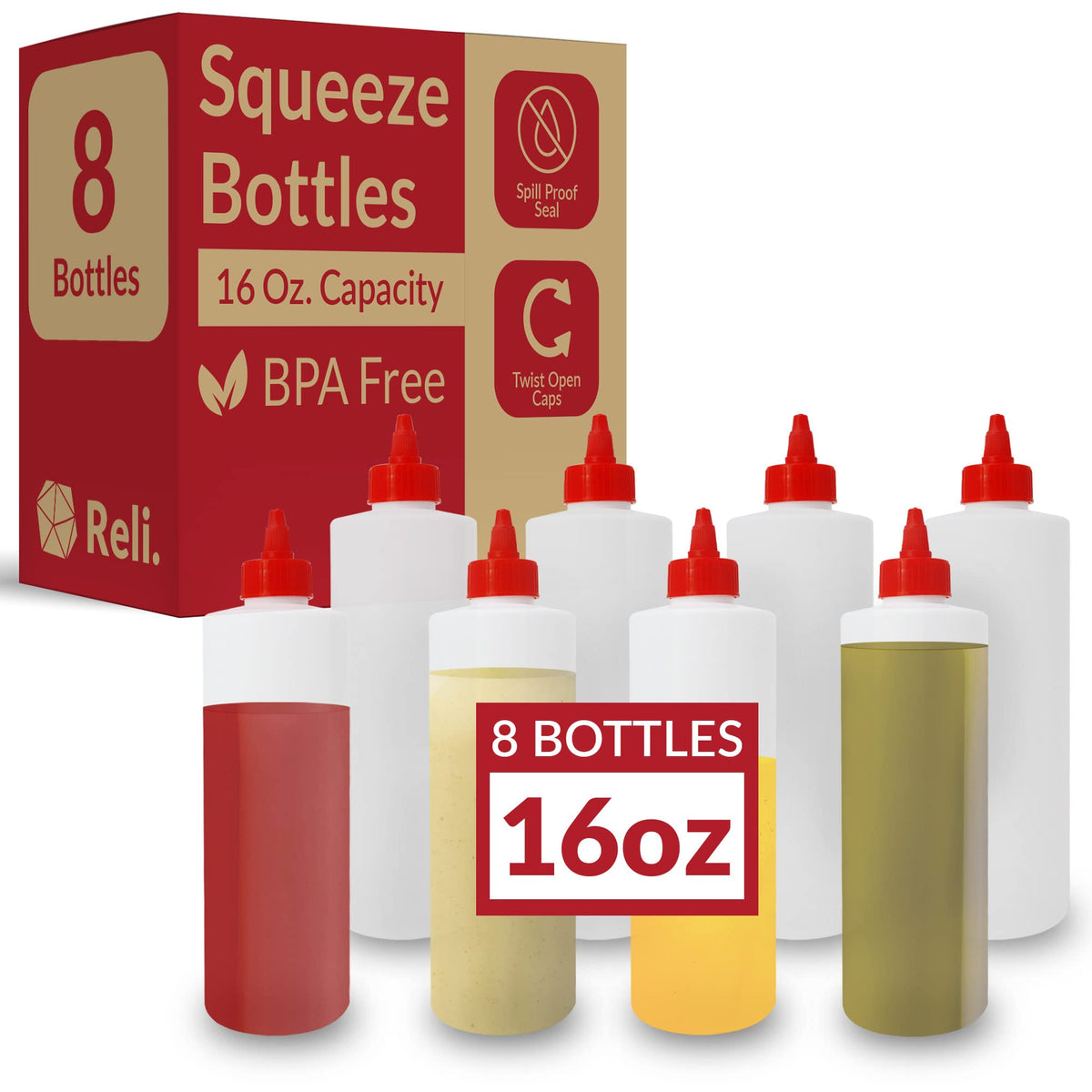 Reli clear 16oz squeeze bottles in an 8-pack for sauces and condiments