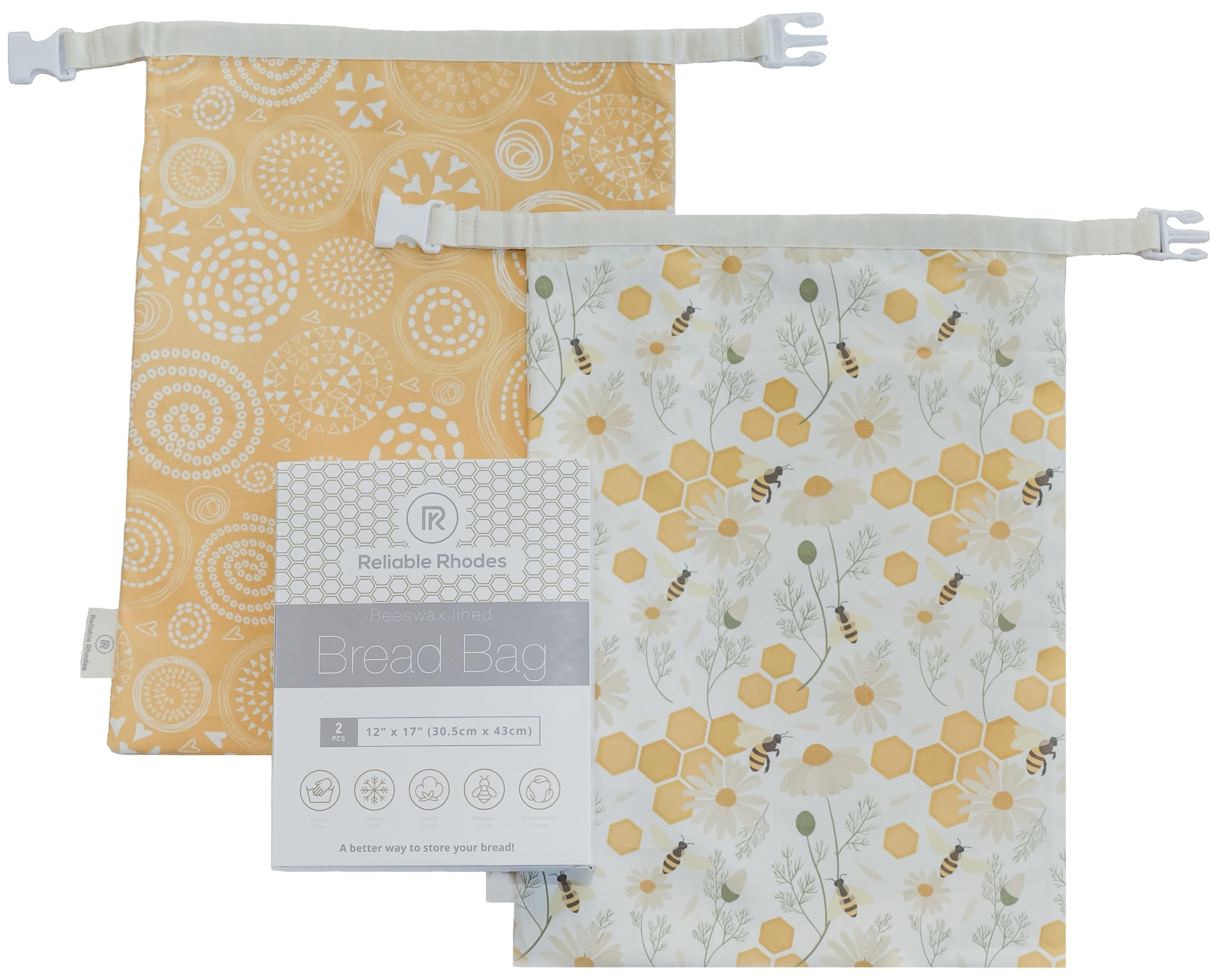 Reliable Rhodes beeswax bread bag 12x17 pack shot, two eco-friendly storage bags.