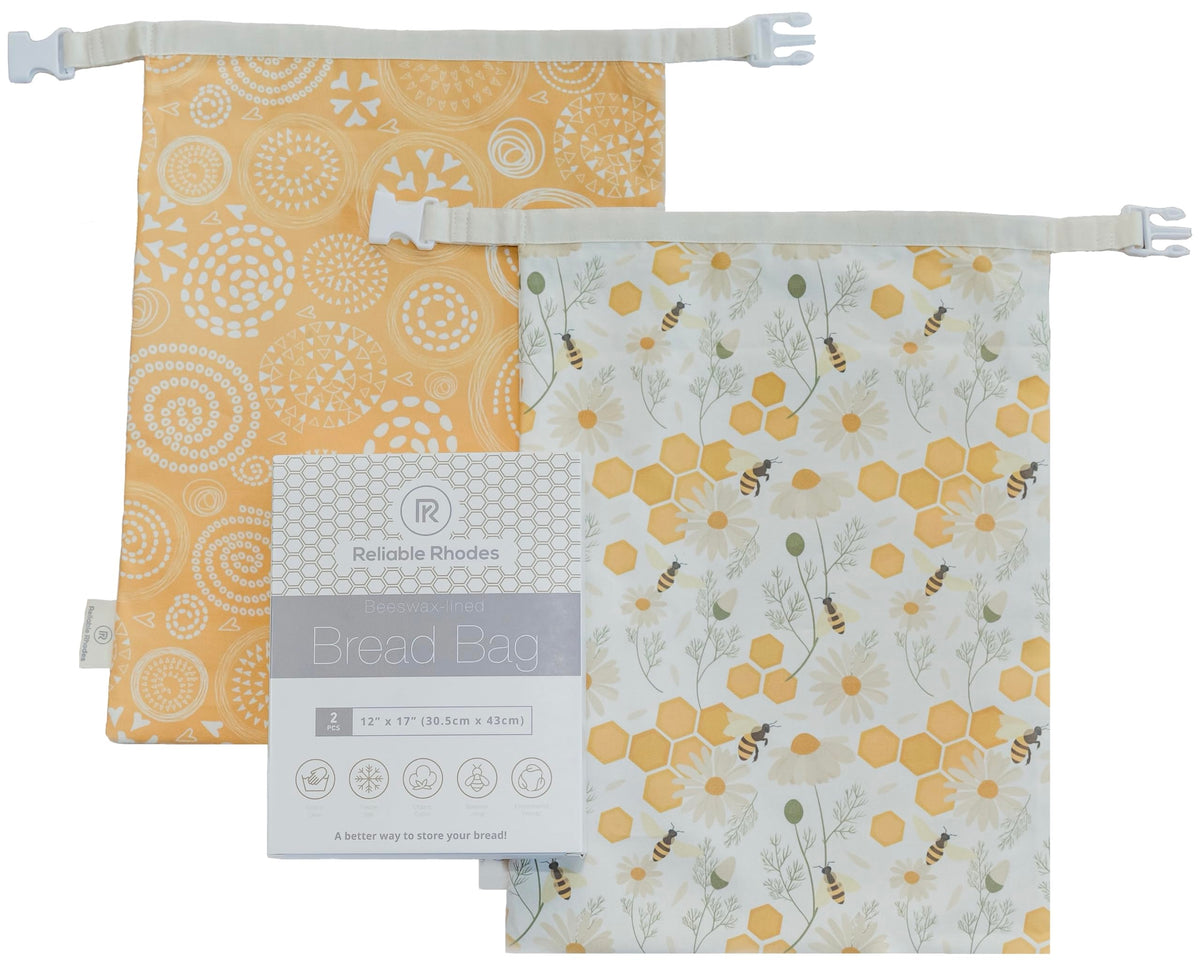 Reliable Rhodes beeswax bread bag 12x17 pack shot, two eco-friendly storage bags.