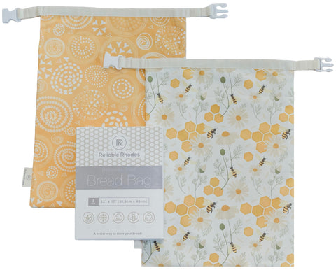 Reliable Rhodes beeswax bread bag 12x17 pack shot, two eco-friendly storage bags.