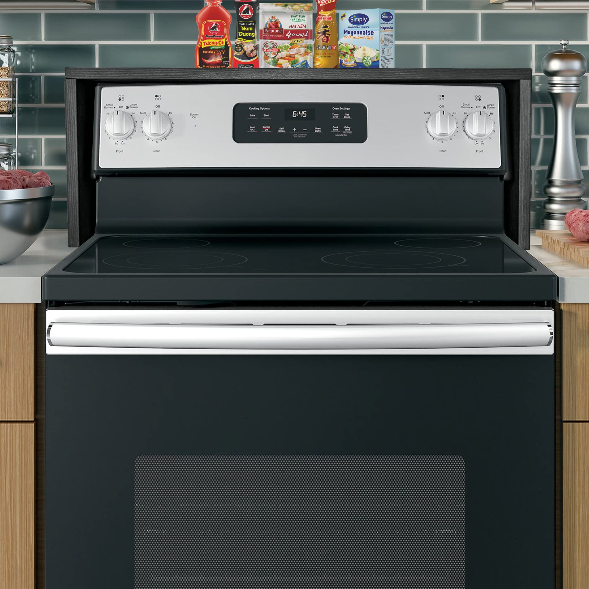 RELODECOR spice rack fits above a glass top stove to reduce clutter