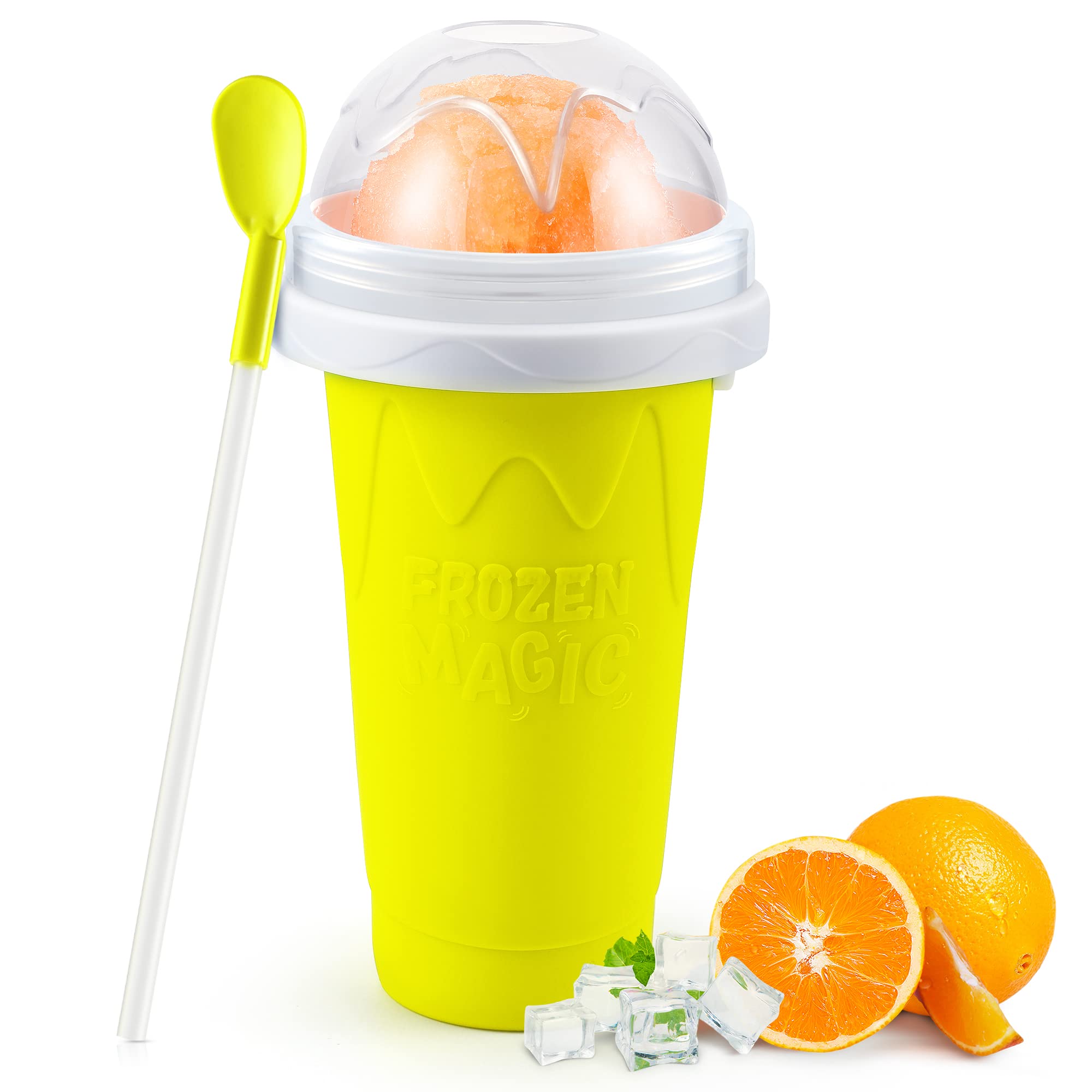 RELPOM Slushie Maker Cup yellow, front view for quick frozen drinks at home.