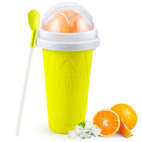 RELPOM Slushie Maker Cup yellow, front view for quick frozen drinks at home.