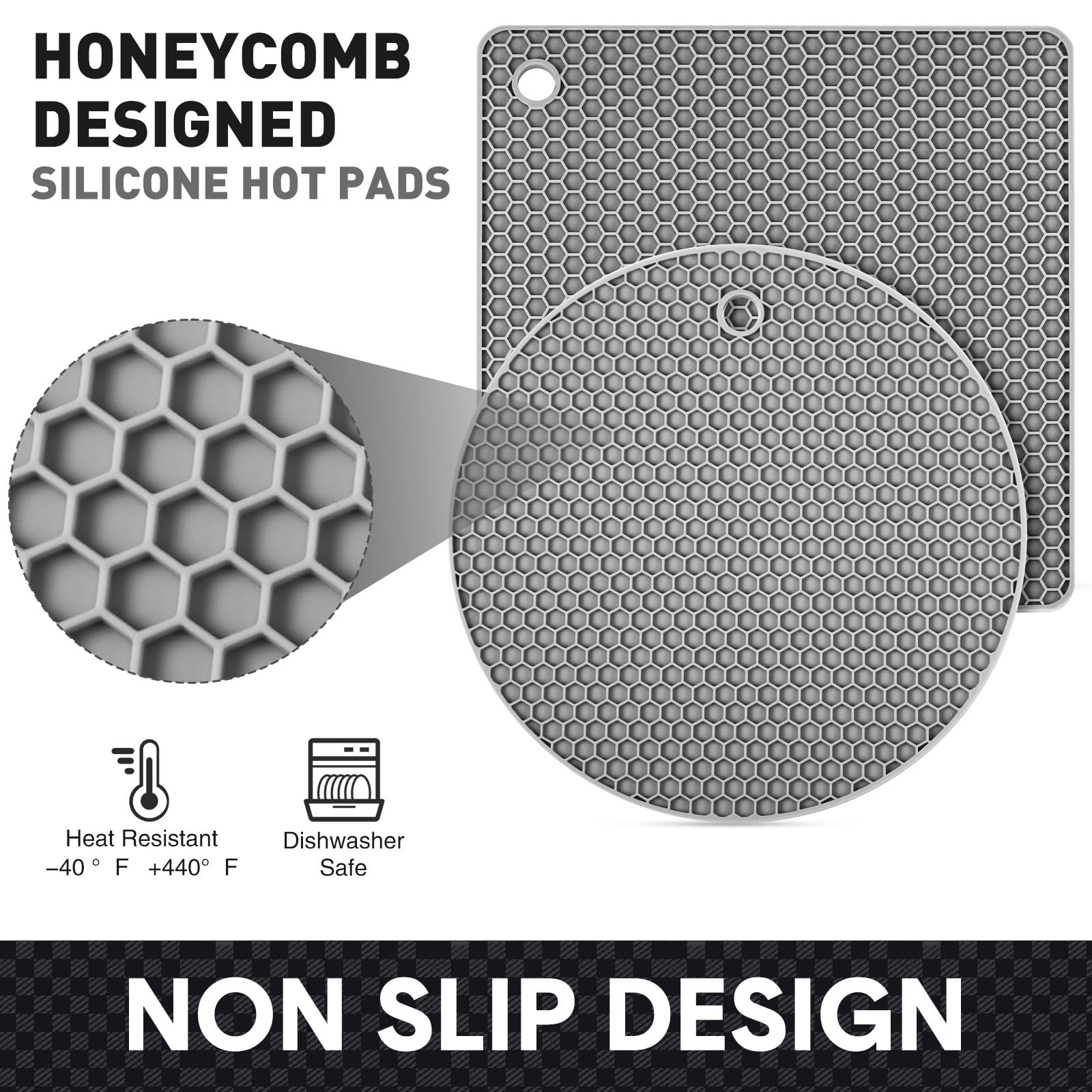 Remagr round black silicone trivets prevent heat damage on dining surfaces.