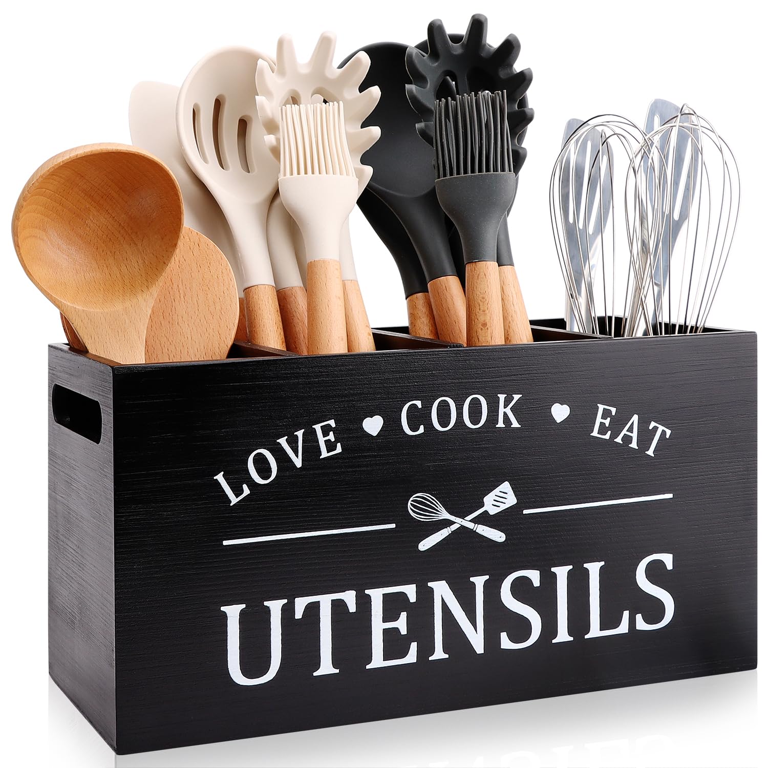 Renawe black farmhouse utensil holder with four compartments for organized counter storage.