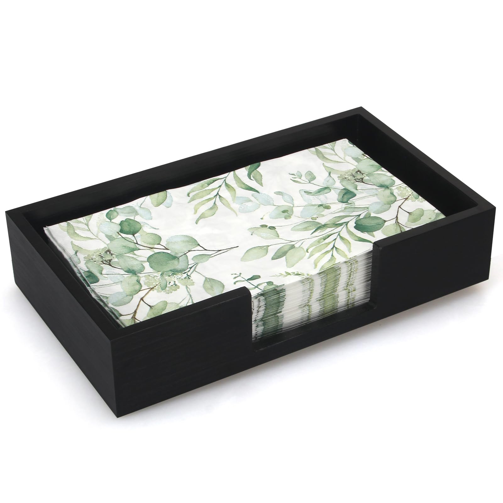 Renawe black wood napkin holder on table adds elegance and organized napkins.