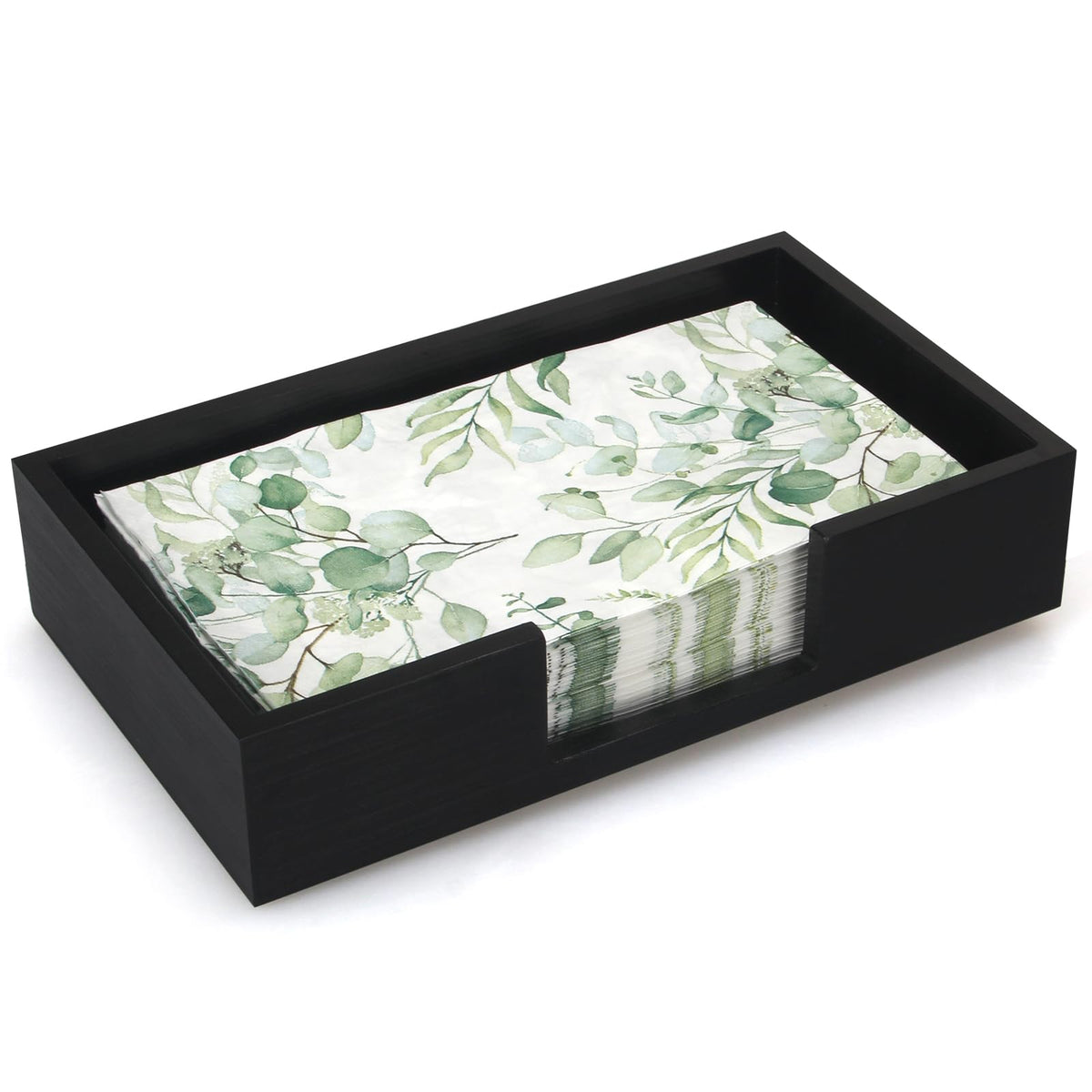 Renawe black wood napkin holder on table adds elegance and organized napkins.