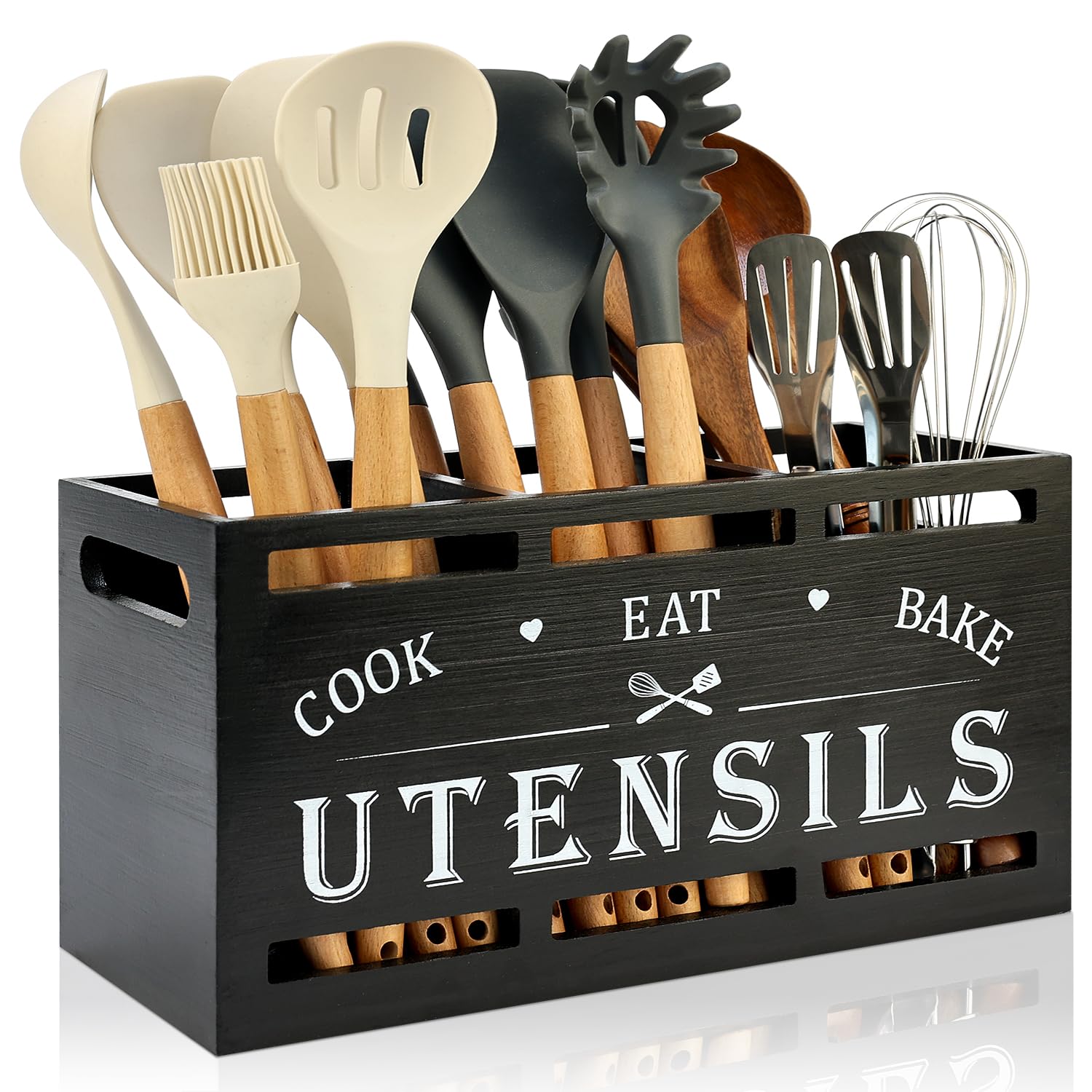 Renawe extra large black wood utensil holder on countertop keeps tools organized.