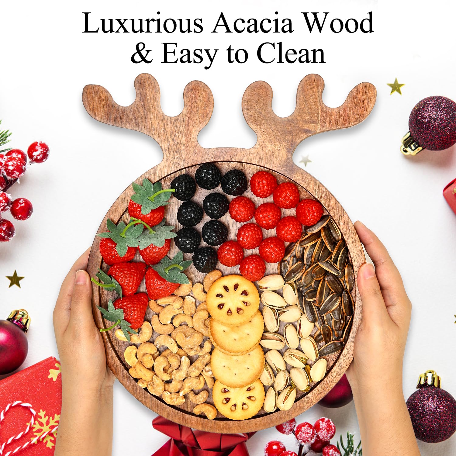Renawe large acacia Christmas tray side view, sturdy center stage for holiday appetizers