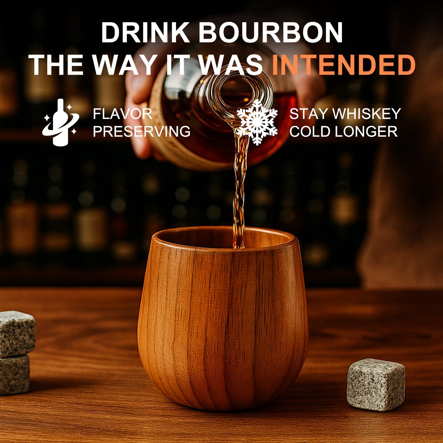Renawe outdoor-friendly wooden cup shown beside a fire pit