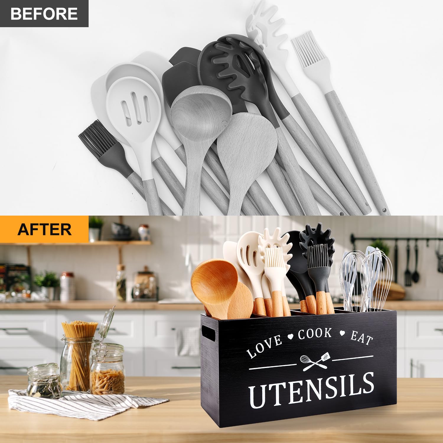 Renawe sturdy wooden kitchen organizer doubles as decorative counter decor.