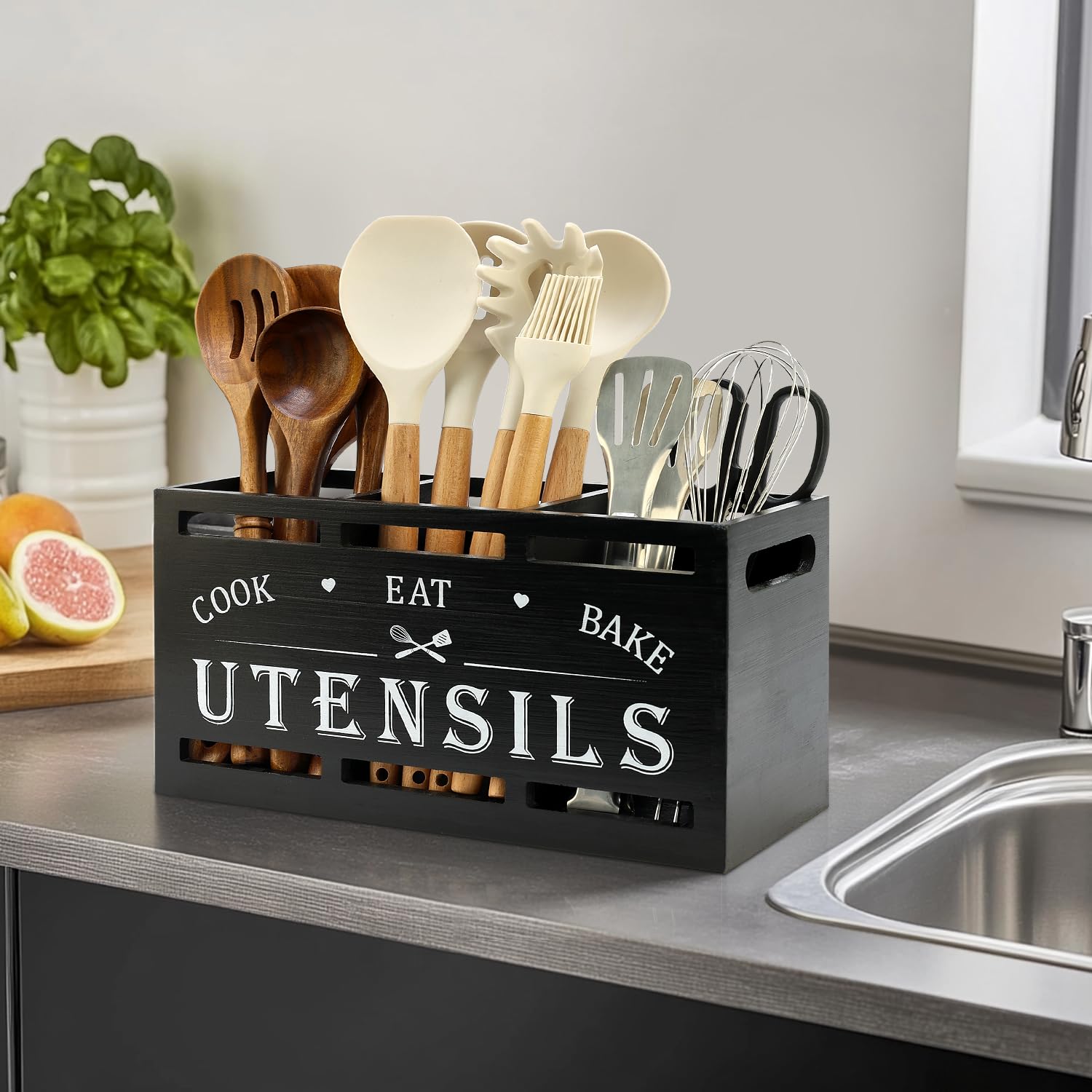 Renawe wall-mount utensil organizer with three hooks saves counter space.