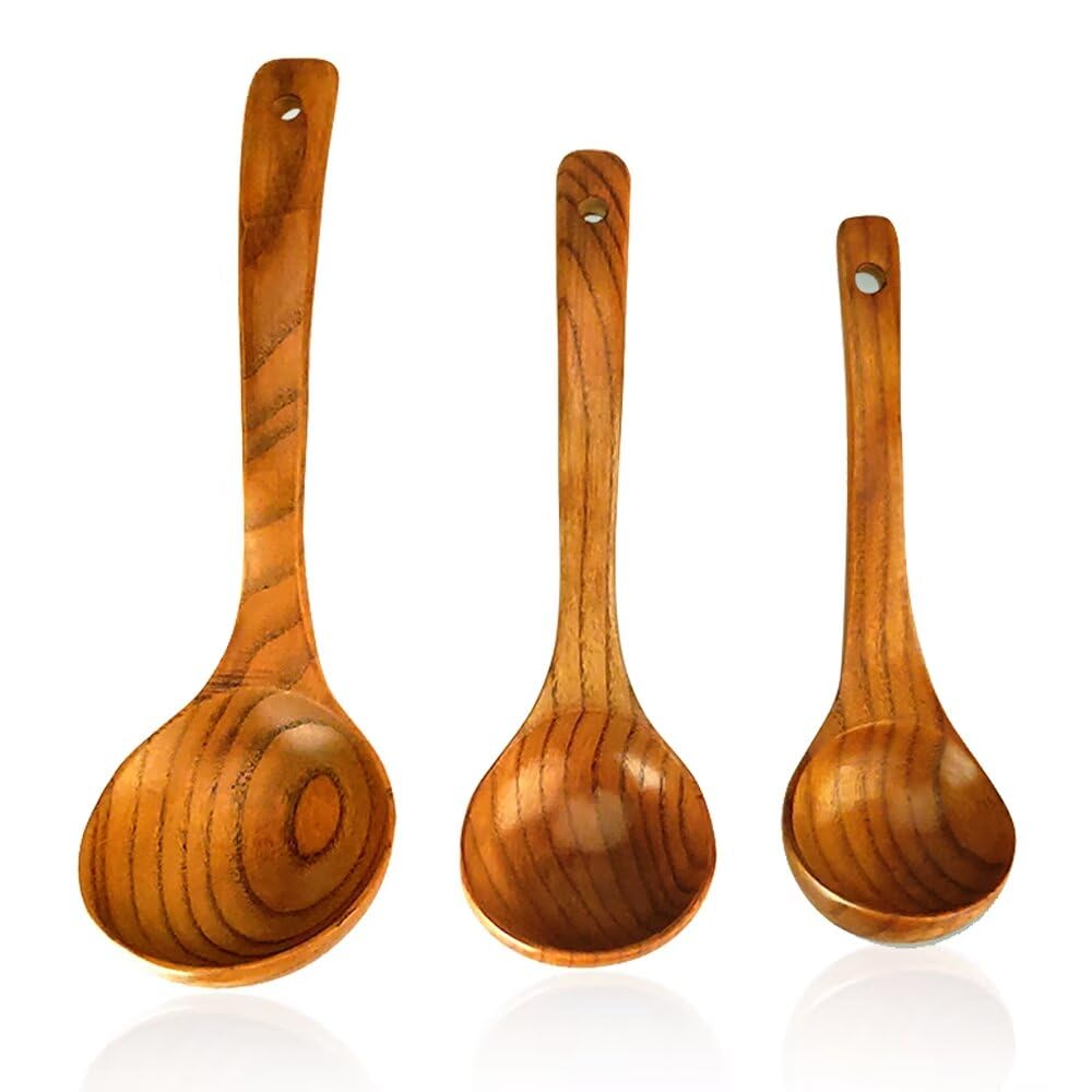 Renawe 11-inch large wooden ladle for serving soups without scratching non-stick cookware.