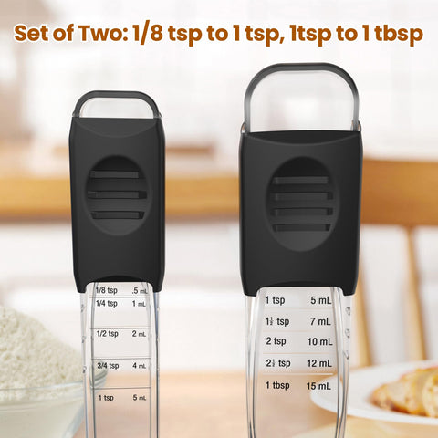 ReneeChef measuring spoons fit into spice jars for precise dry ingredients.
