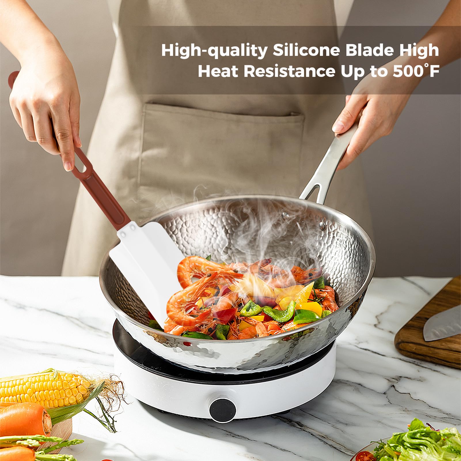 ReneeChef silicone spatula safe with non-stick cookware and won't scratch surfaces