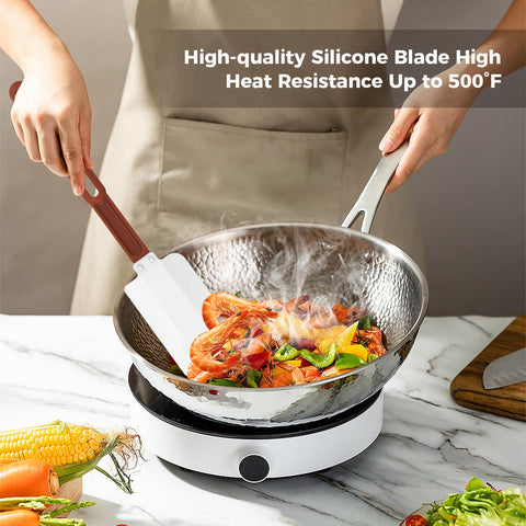 ReneeChef silicone spatula safe with non-stick cookware and won't scratch surfaces