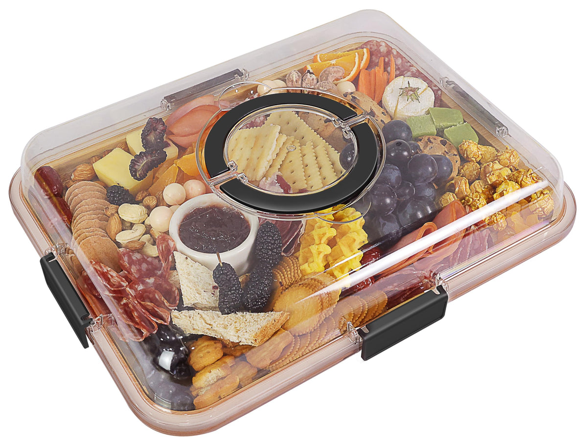Renmxj charcuterie board with clear lid showcases contents while keeping them fresh.