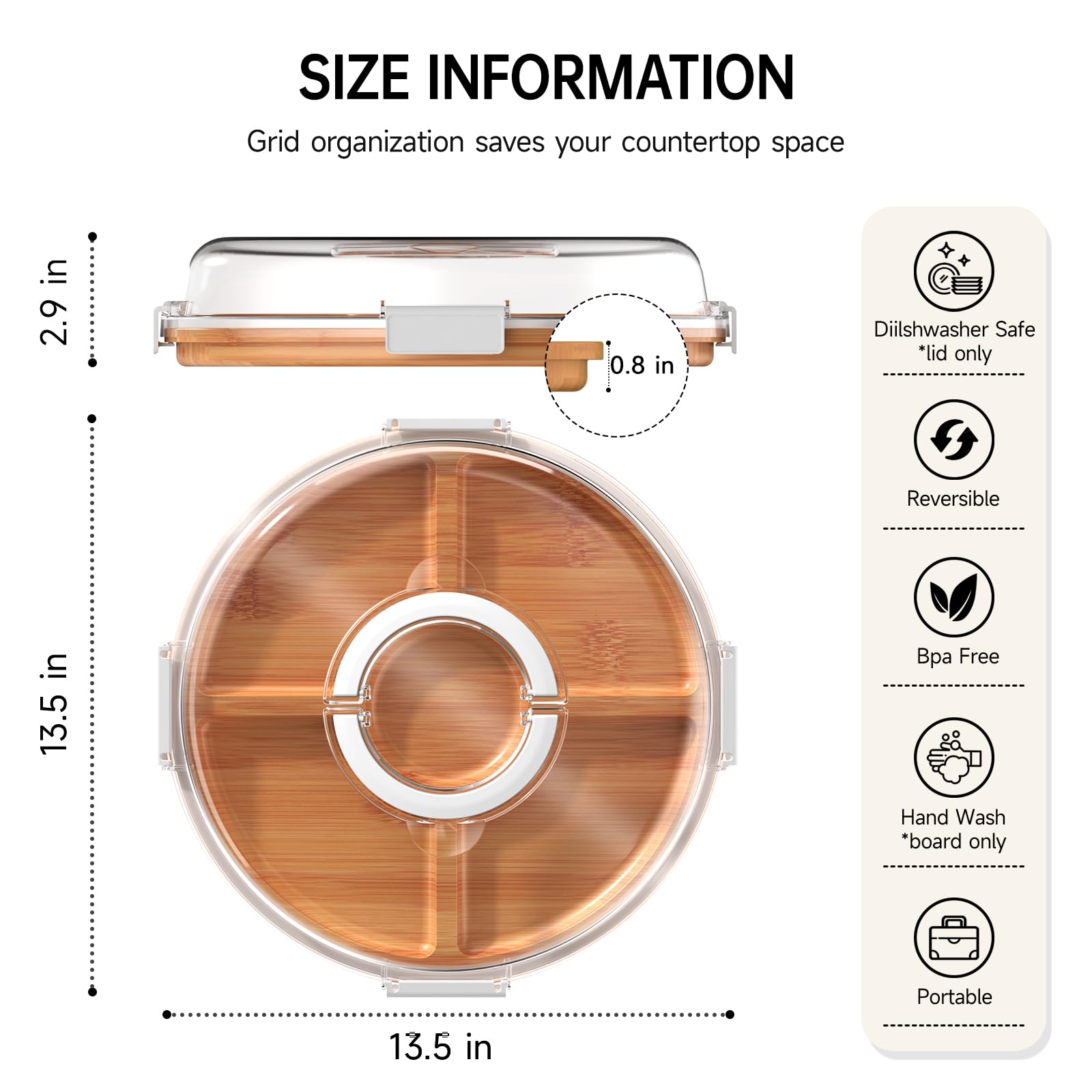 Renmxj travel-friendly charcuterie board with five compartments for portable entertaining.