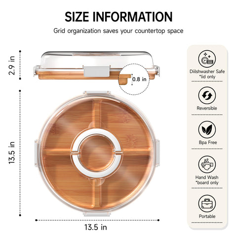 Renmxj travel-friendly charcuterie board with five compartments for portable entertaining.