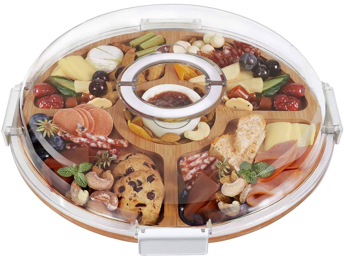 Renmxj round charcuterie board with clear lid for portable entertaining and freshness.