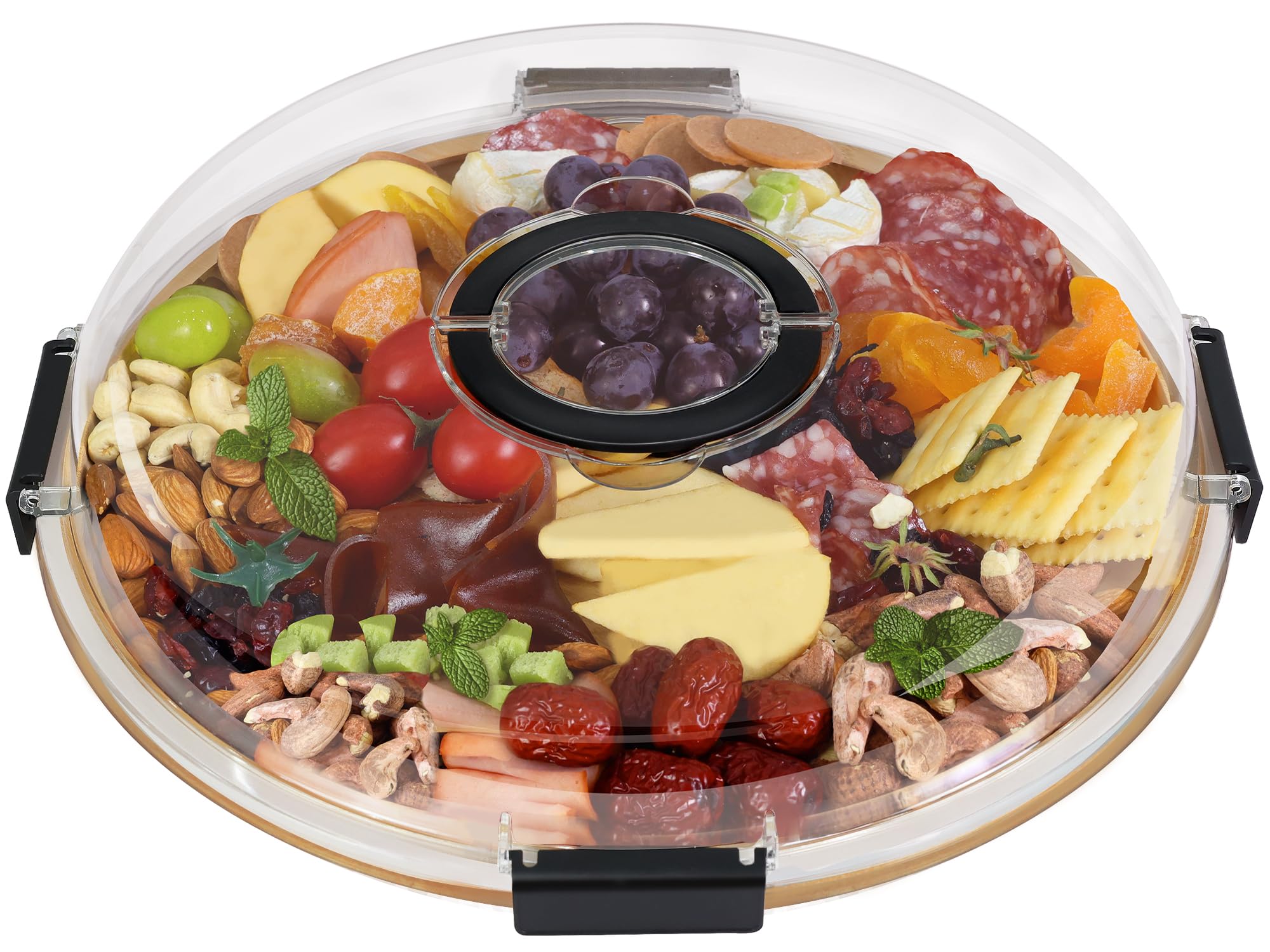 Renmxj round charcuterie board with clear lid for stylish display and quick viewing.