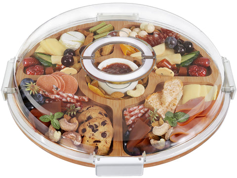 Renmxj round charcuterie board with clear lid for portable entertaining and freshness.