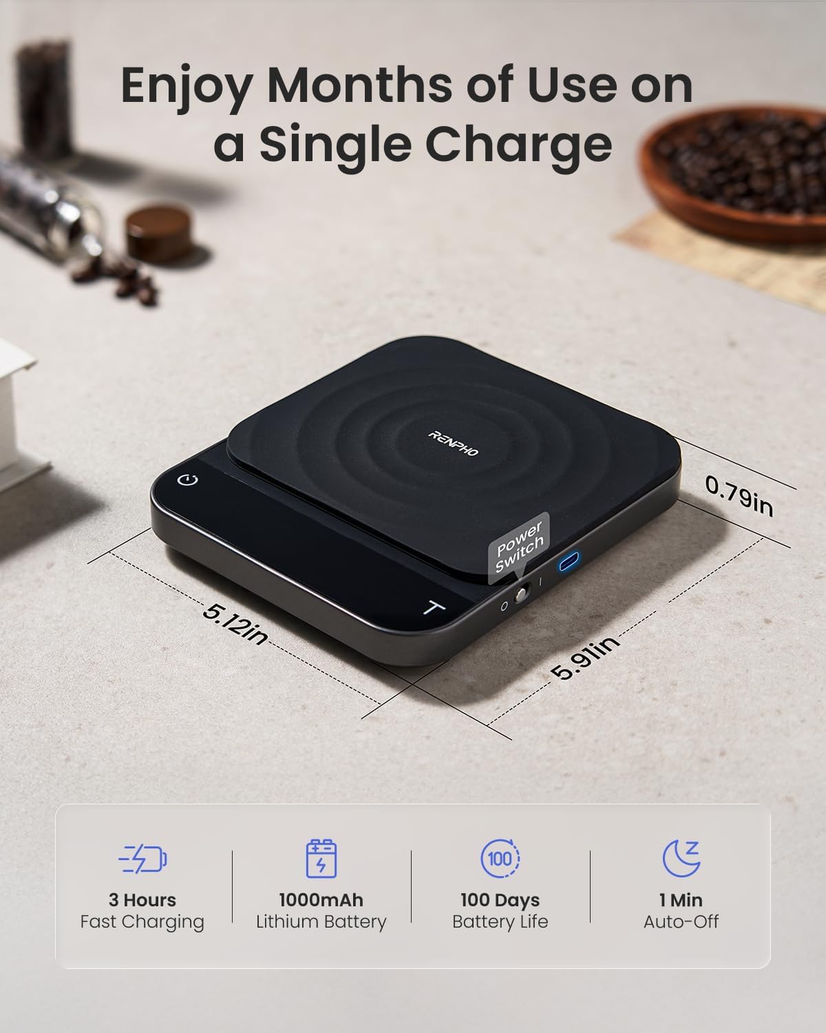 RENPHO espresso scale's compact design fits small counters and on-the-go brewing