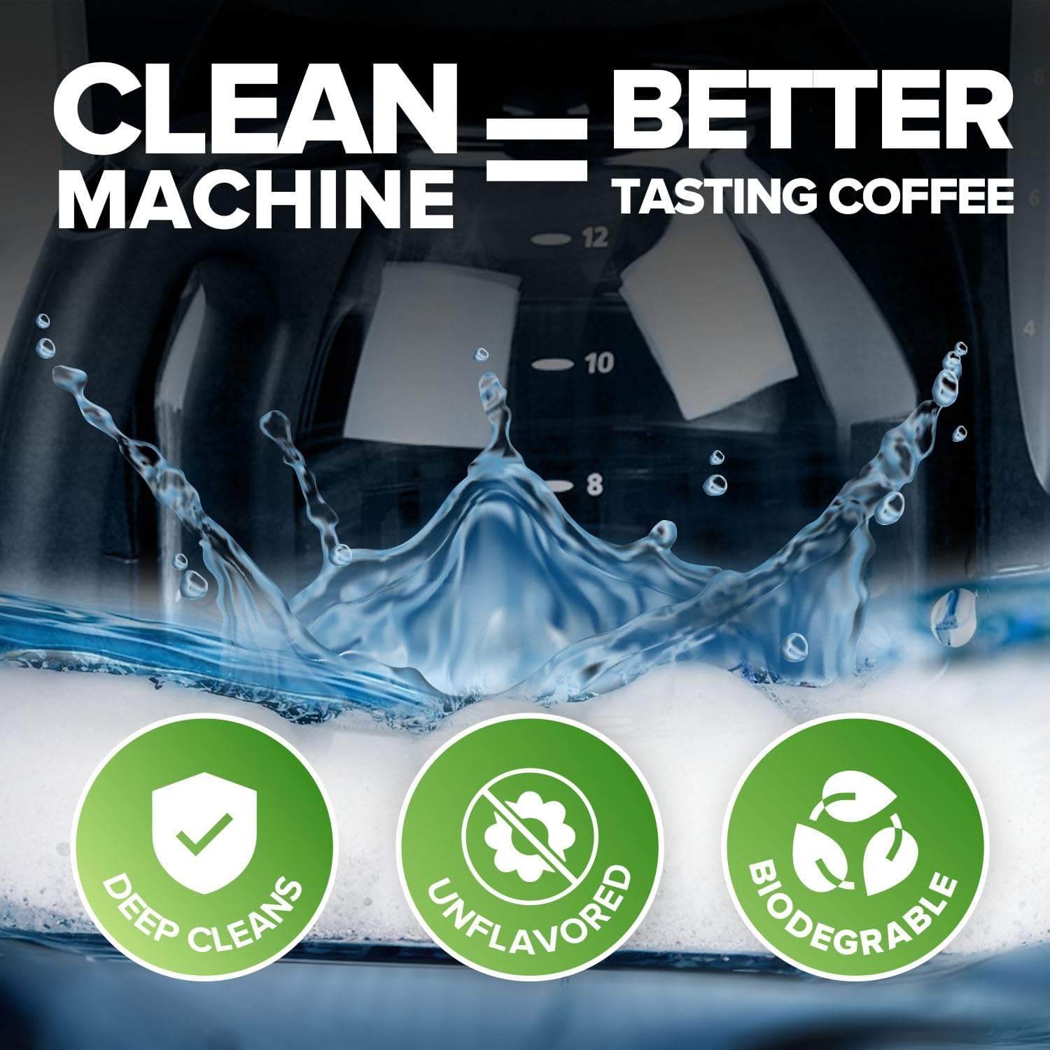 Renuv dye-free decalcifier formula leaves coffee gear clean.
