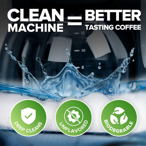 Renuv dye-free decalcifier formula leaves coffee gear clean.