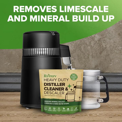 Renuv descaling action on water distillers removes mineral buildup.