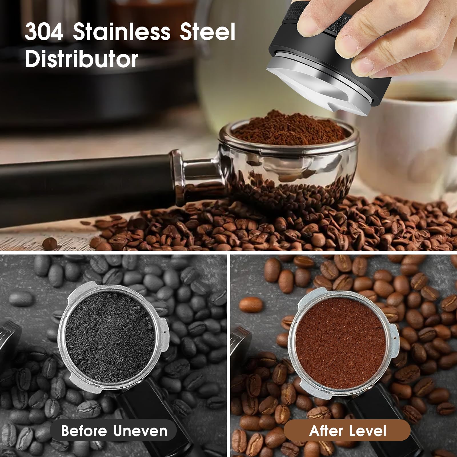 Reoszeank calibrated tamper 30lb provides consistent compression for uniform puck density.