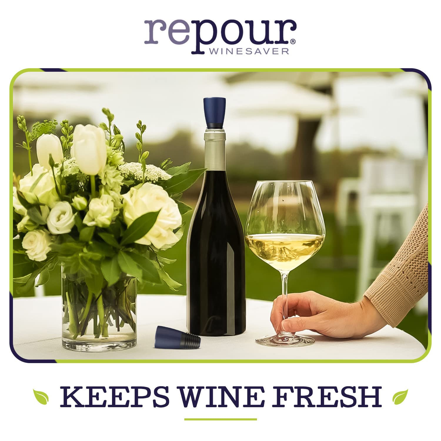 Repour bottle side view highlighting compatibility with most 750 ml bottles.