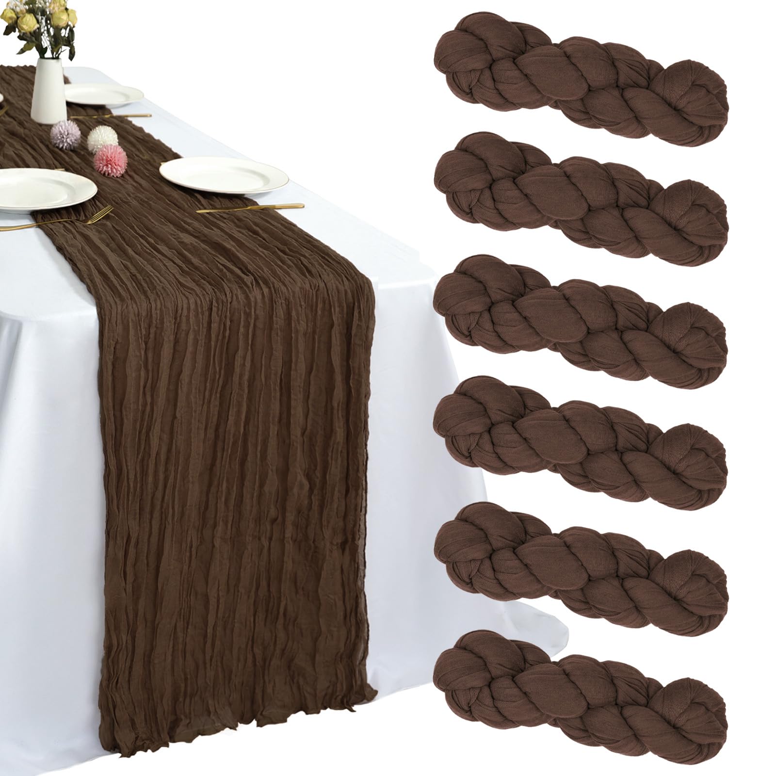 RestfulGlow brown cheesecloth table runner for rustic wedding decor and elegant table setup.