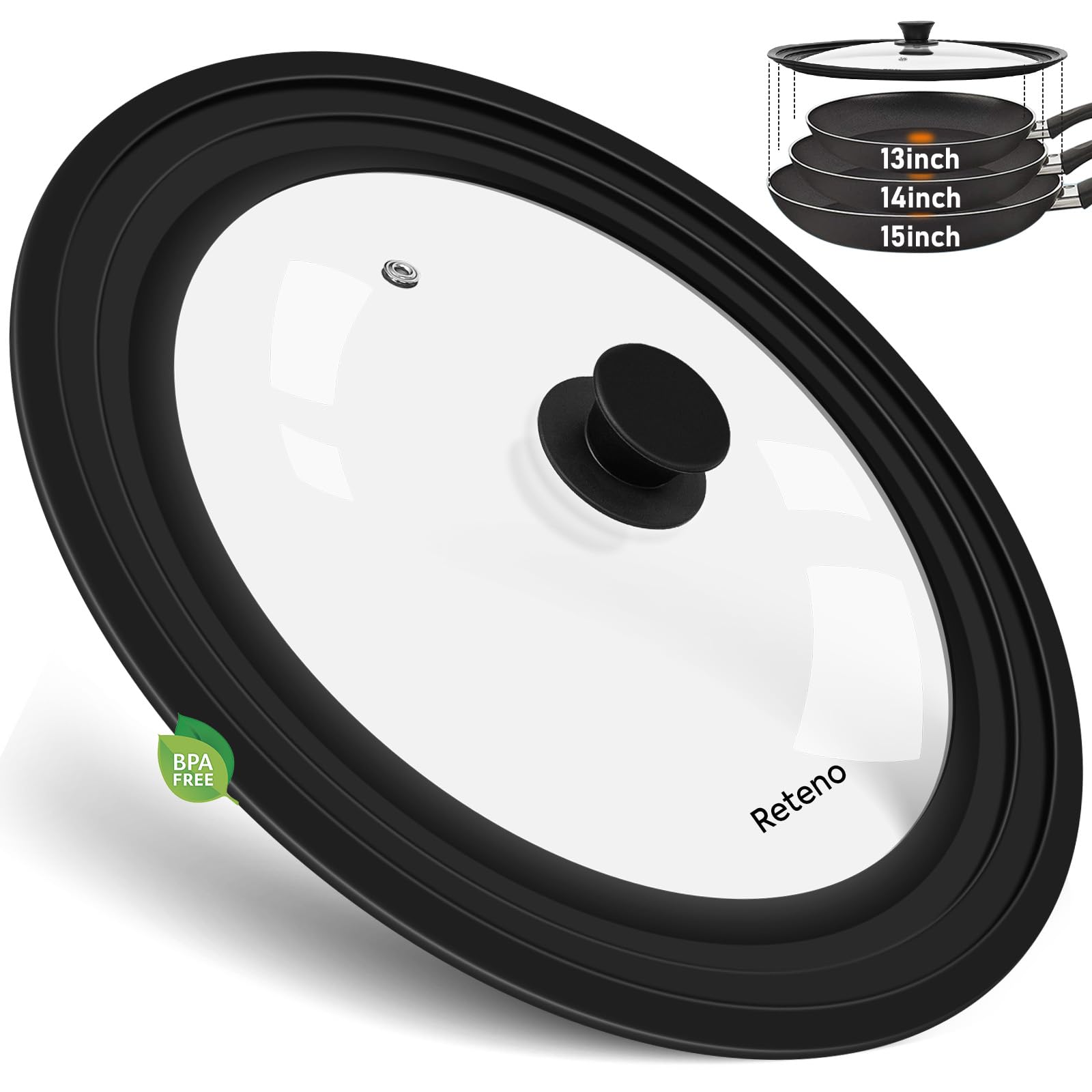 Reteno universal lid on a pot showing 13-15 inch versatility for pots and pans.
