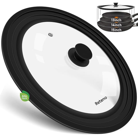 Reteno universal lid on a pot showing 13-15 inch versatility for pots and pans.
