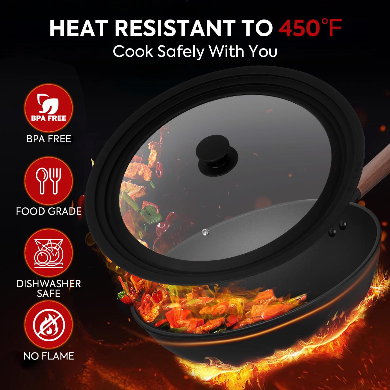 Reteno lid with heat-resistant silicone rim offers a durable seal during simmering.