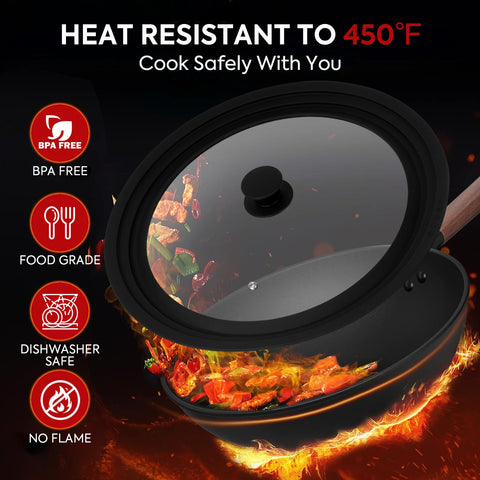 Reteno lid with heat-resistant silicone rim offers a durable seal during simmering.