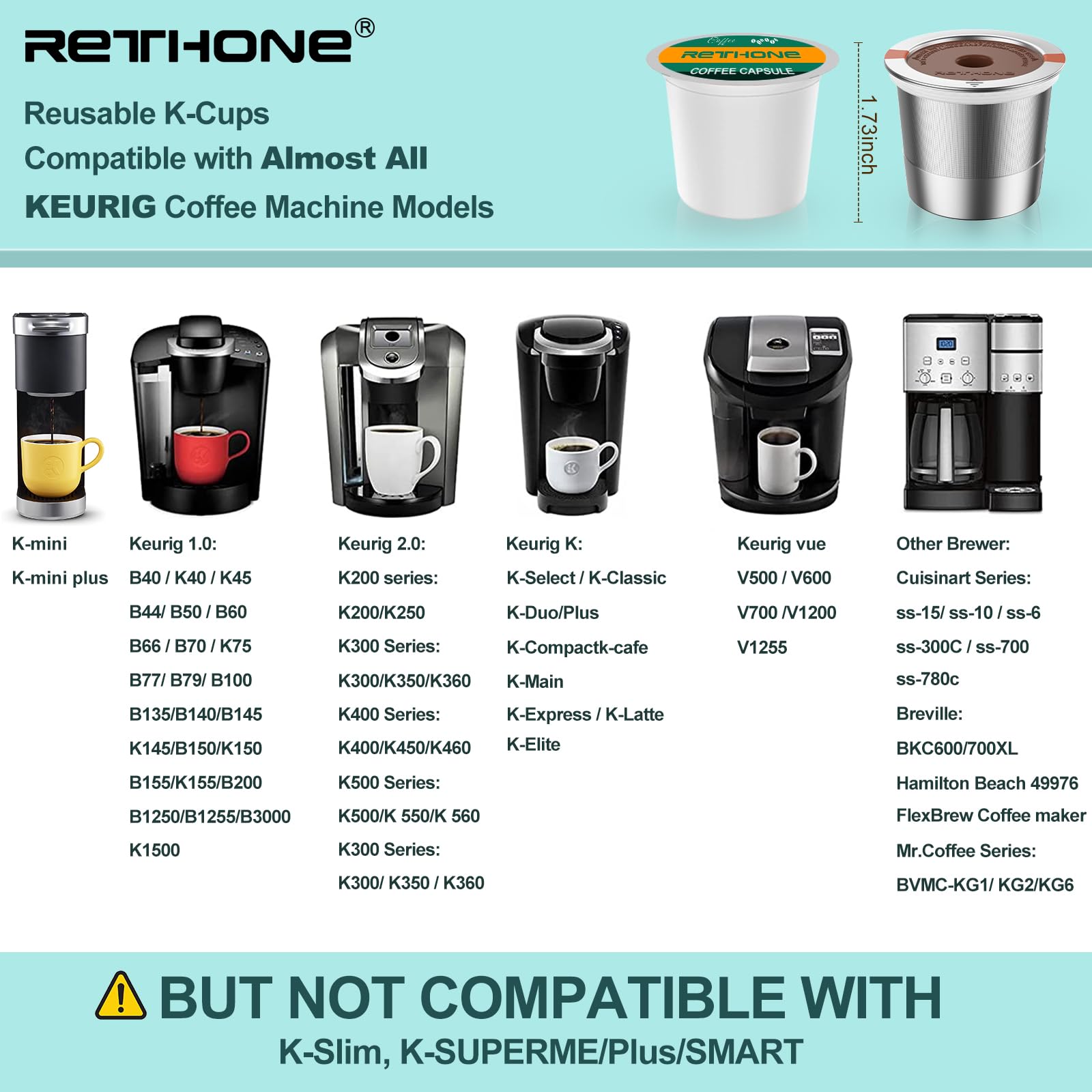Four-pack of RETHONE reusable K cups for Keurig machines.
