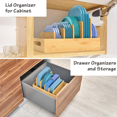 Retro Shaw lid organizer showing adjustable dividers for lids and utensils.