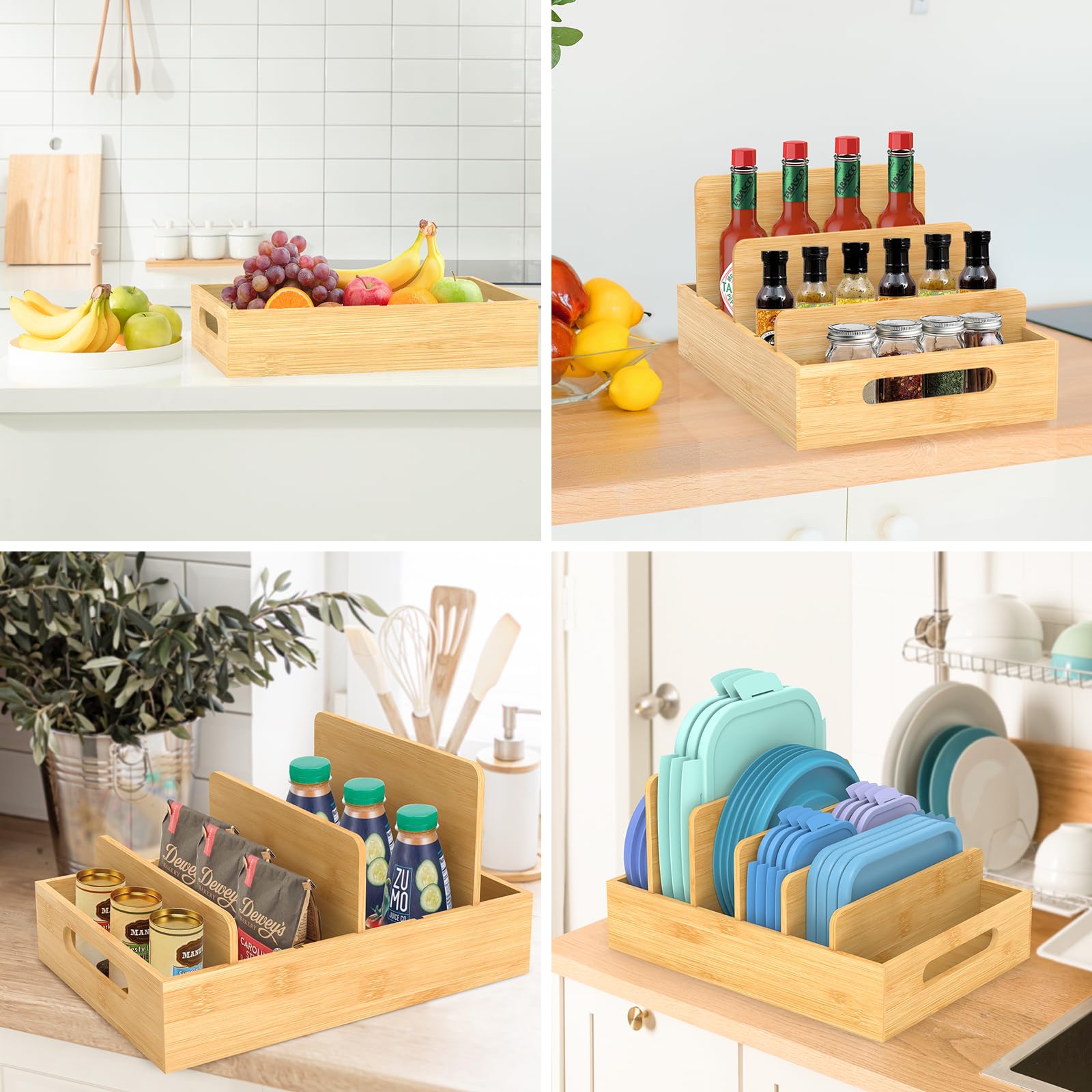 Retro Shaw lid organizer with smooth bamboo surface for easy cleaning.