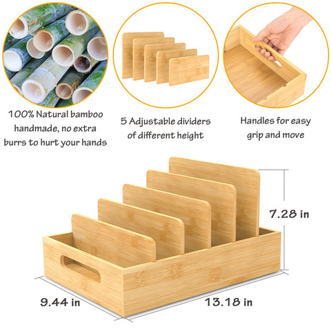 Retro Shaw bamboo lid organizer mounted on a cabinet for easy access.