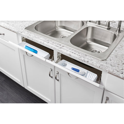 Rev-A-Shelf dual-pack white trays designed for kitchen or vanity use.