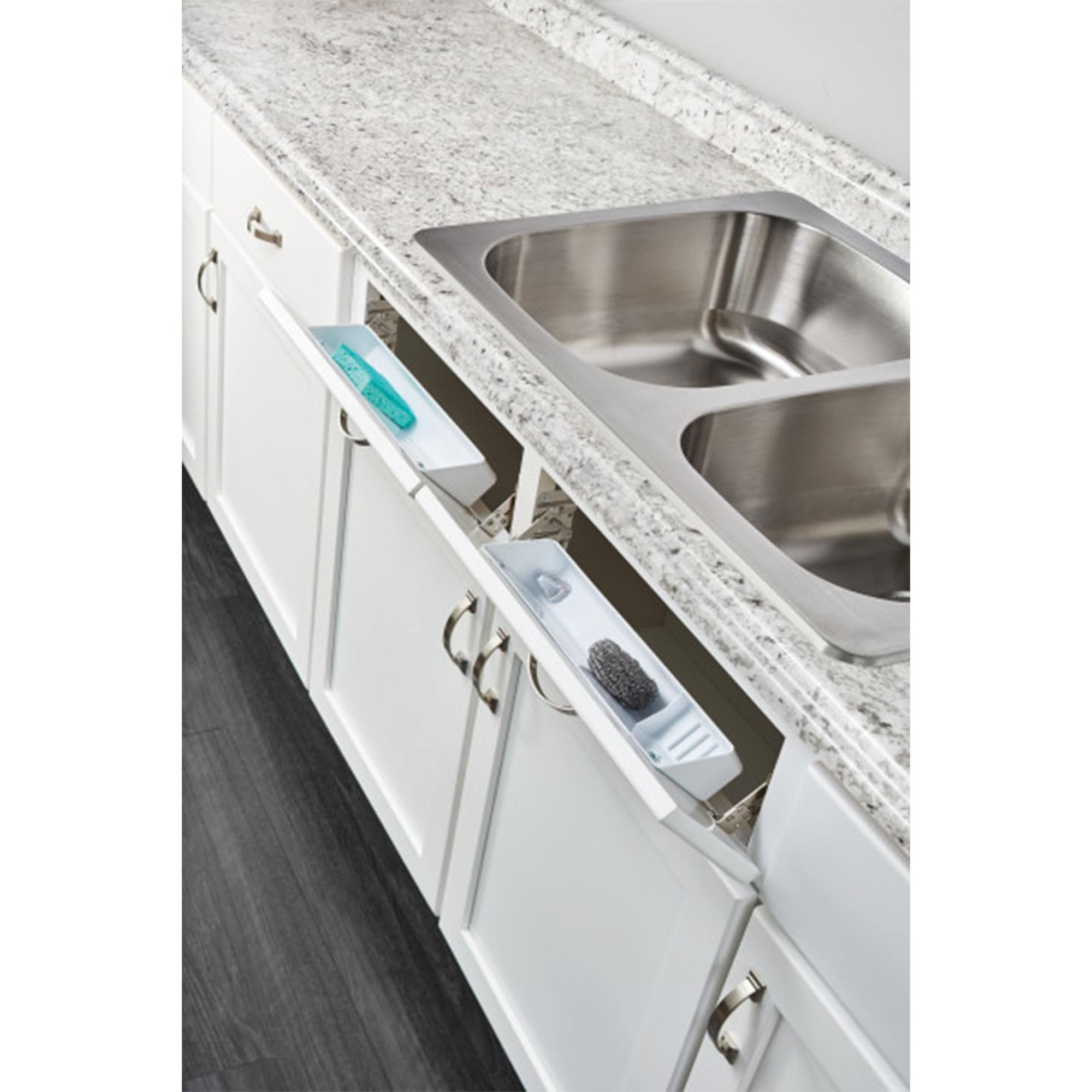 Rev-A-Shelf 11 inch tray mounted in a kitchen base cabinet for extra space.